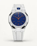 Cinturino effetto tessuto bianco per AP x Swatch Royal Pop Orenji Hachi, cassa argento (corona a ore 12)