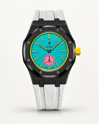 White textile-effect strap for AP x Swatch Royal Pop Otg Roz, black case (crown at 3 o'clock)