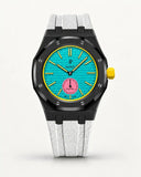 White textile-effect strap for AP x Swatch Royal Pop Otg Roz, black case (crown at 3 o'clock)