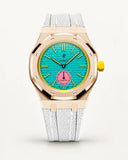 White textile-effect strap for AP x Swatch Royal Pop Otg Roz, rose gold case (crown at 3 o'clock)