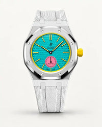 White textile-effect strap for AP x Swatch Royal Pop Otg Roz, silver case (crown at 3 o'clock)