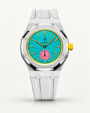 White textile-effect strap for AP x Swatch Royal Pop Otg Roz, silver case (crown at 3 o'clock)