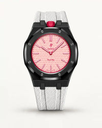 White textile-effect strap for AP x Swatch Royal Pop Otto Rosso, black case (crown at 12 o'clock)