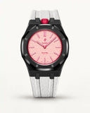 White textile-effect strap for AP x Swatch Royal Pop Otto Rosso, black case (crown at 12 o'clock)