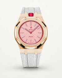 White textile-effect strap for AP x Swatch Royal Pop Otto Rosso, rose gold case (crown at 12 o'clock)