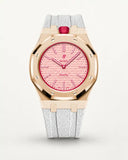 White textile-effect strap for AP x Swatch Royal Pop Otto Rosso, rose gold case (crown at 12 o'clock)