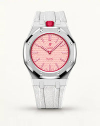 White textile-effect strap for AP x Swatch Royal Pop Otto Rosso, silver case (crown at 12 o'clock)