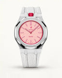 White textile-effect strap for AP x Swatch Royal Pop Otto Rosso, silver case (crown at 12 o'clock)