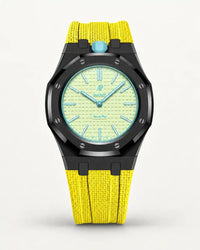 Yellow textile-effect strap for AP x Swatch Royal Pop Blaue Acht, black case (crown at 12 o'clock)