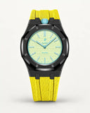 Yellow textile-effect strap for AP x Swatch Royal Pop Blaue Acht, black case (crown at 12 o'clock)