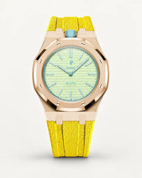 Yellow textile-effect strap for AP x Swatch Royal Pop Blaue Acht, rose gold case (crown at 12 o'clock)