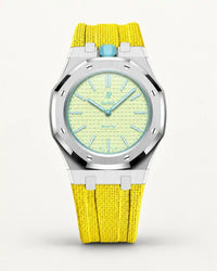 Yellow textile-effect strap for AP x Swatch Royal Pop Blaue Acht, silver case (crown at 12 o'clock)