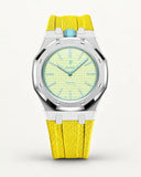 Yellow textile-effect strap for AP x Swatch Royal Pop Blaue Acht, silver case (crown at 12 o'clock)