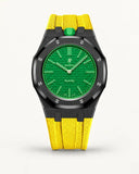 Yellow textile-effect strap for AP x Swatch Royal Pop Green Eight, black case (crown at 12 o'clock)
