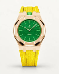 Yellow textile-effect strap for AP x Swatch Royal Pop Green Eight, rose gold case (crown at 12 o'clock)