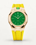 Yellow textile-effect strap for AP x Swatch Royal Pop Green Eight, rose gold case (crown at 12 o'clock)