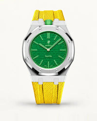 Yellow textile-effect strap for AP x Swatch Royal Pop Green Eight, silver case (crown at 12 o'clock)