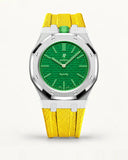 Yellow textile-effect strap for AP x Swatch Royal Pop Green Eight, silver case (crown at 12 o'clock)