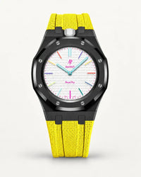 Cinturino effetto tessuto giallo per AP x Swatch Royal Pop Huit Blanc, cassa nera (corona a ore 12)