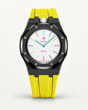 Cinturino effetto tessuto giallo per AP x Swatch Royal Pop Huit Blanc, cassa nera (corona a ore 12)