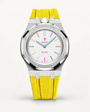 Cinturino effetto tessuto giallo per AP x Swatch Royal Pop Huit Blanc, cassa argento (corona a ore 12)