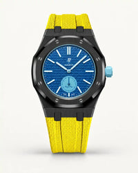 Yellow textile-effect strap for AP x Swatch Royal Pop Làn Ba, black case (crown at 3 o'clock)