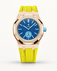 Yellow textile-effect strap for AP x Swatch Royal Pop Làn Ba, rose gold case (crown at 3 o'clock)