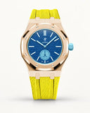 Yellow textile-effect strap for AP x Swatch Royal Pop Làn Ba, rose gold case (crown at 3 o'clock)