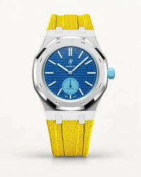 Yellow textile-effect strap for AP x Swatch Royal Pop Làn Ba, silver case (crown at 3 o'clock)