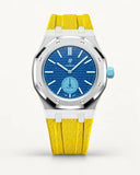 Yellow textile-effect strap for AP x Swatch Royal Pop Làn Ba, silver case (crown at 3 o'clock)
