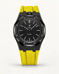 Yellow textile-effect strap for AP x Swatch Royal Pop Ocho Negro, black case (crown at 12 o'clock)