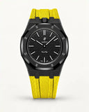 Yellow textile-effect strap for AP x Swatch Royal Pop Ocho Negro, black case (crown at 12 o'clock)