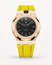 Yellow textile-effect strap for AP x Swatch Royal Pop Ocho Negro, rose gold case (crown at 12 o'clock)