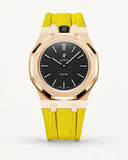 Yellow textile-effect strap for AP x Swatch Royal Pop Ocho Negro, rose gold case (crown at 12 o'clock)
