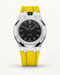 Yellow textile-effect strap for AP x Swatch Royal Pop Ocho Negro, silver case (crown at 12 o'clock)