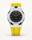 Yellow textile-effect strap for AP x Swatch Royal Pop Ocho Negro, silver case (crown at 12 o'clock)