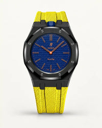 Cinturino effetto tessuto giallo per AP x Swatch Royal Pop Orenji Hachi, cassa nera (corona a ore 12)