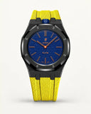 Cinturino effetto tessuto giallo per AP x Swatch Royal Pop Orenji Hachi, cassa nera (corona a ore 12)