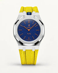 Cinturino effetto tessuto giallo per AP x Swatch Royal Pop Orenji Hachi, cassa argento (corona a ore 12)