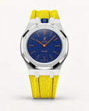 Cinturino effetto tessuto giallo per AP x Swatch Royal Pop Orenji Hachi, cassa argento (corona a ore 12)