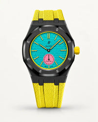 Yellow textile-effect strap for AP x Swatch Royal Pop Otg Roz, black case (crown at 3 o'clock)