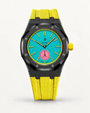 Yellow textile-effect strap for AP x Swatch Royal Pop Otg Roz, black case (crown at 3 o'clock)