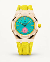 Yellow textile-effect strap for AP x Swatch Royal Pop Otg Roz, rose gold case (crown at 3 o'clock)
