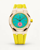 Yellow textile-effect strap for AP x Swatch Royal Pop Otg Roz, rose gold case (crown at 3 o'clock)