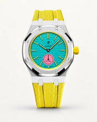 Yellow textile-effect strap for AP x Swatch Royal Pop Otg Roz, silver case (crown at 3 o'clock)