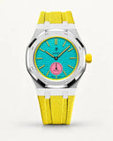Yellow textile-effect strap for AP x Swatch Royal Pop Otg Roz, silver case (crown at 3 o'clock)