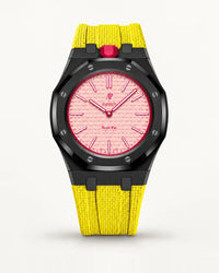 Yellow textile-effect strap for AP x Swatch Royal Pop Otto Rosso, black case (crown at 12 o'clock)