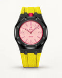 Yellow textile-effect strap for AP x Swatch Royal Pop Otto Rosso, black case (crown at 12 o'clock)
