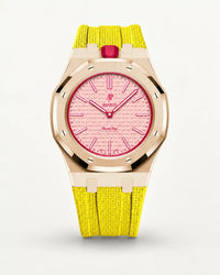 Yellow textile-effect strap for AP x Swatch Royal Pop Otto Rosso, rose gold case (crown at 12 o'clock)