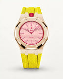 Yellow textile-effect strap for AP x Swatch Royal Pop Otto Rosso, rose gold case (crown at 12 o'clock)